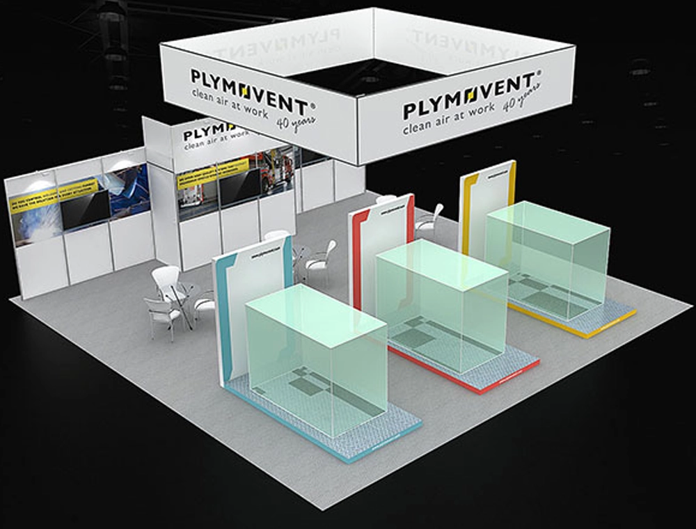 30x30 booth design with central demo and LED wall